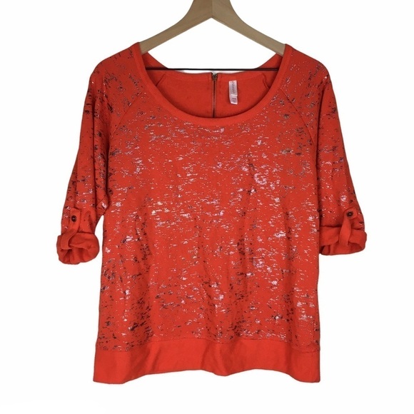 XHILARATION Top Sweatshirt Metallic Foil Scoop Neck Roll Tab 3/4 Sleeves Medium - Picture 2 of 12